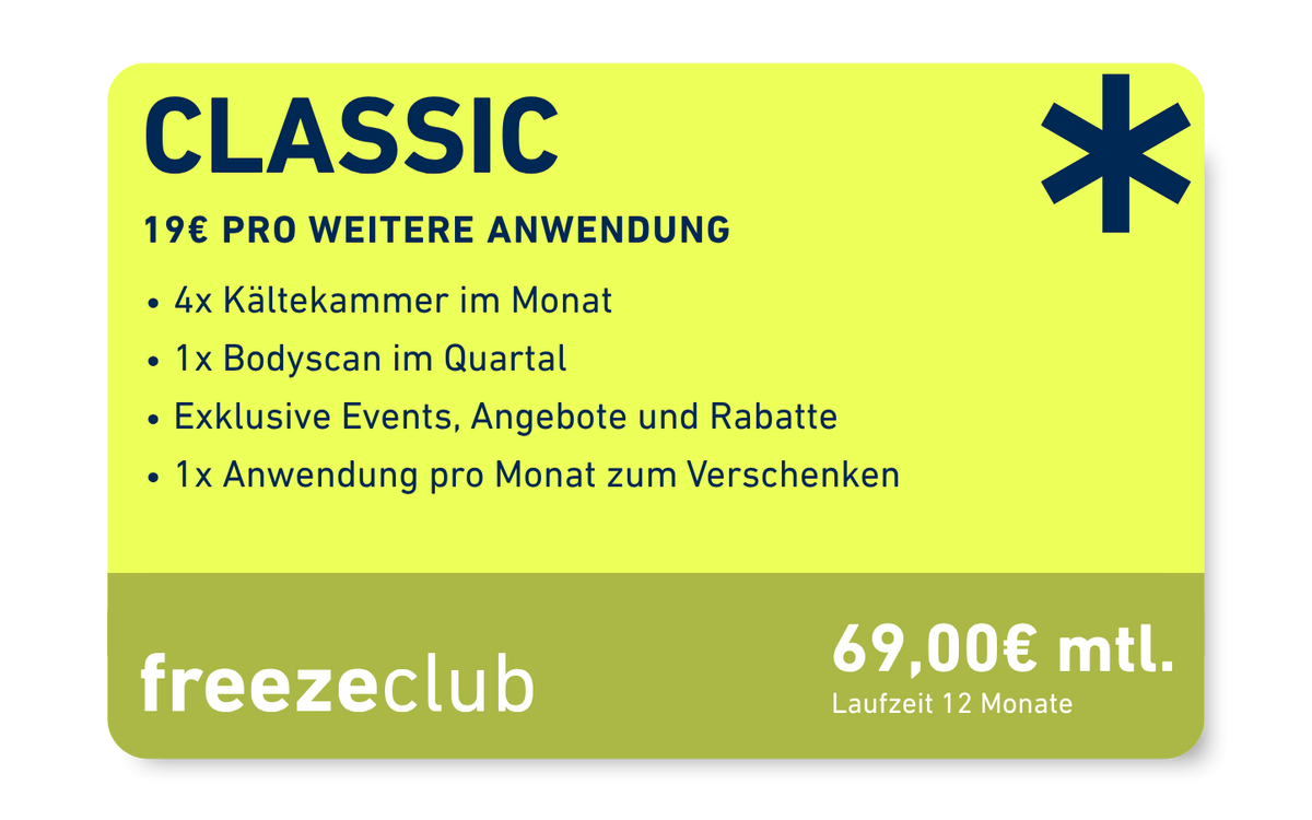 Mitgliedschaft Classic: 4x Kältekammer im Monat und 1x Bodyscan im Quartal