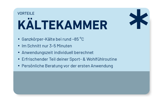 Kältekammer im freezeclub Balingen: rund −85 °C, im Schnitt 3–5 Minuten, individuelle Anwendungszeit